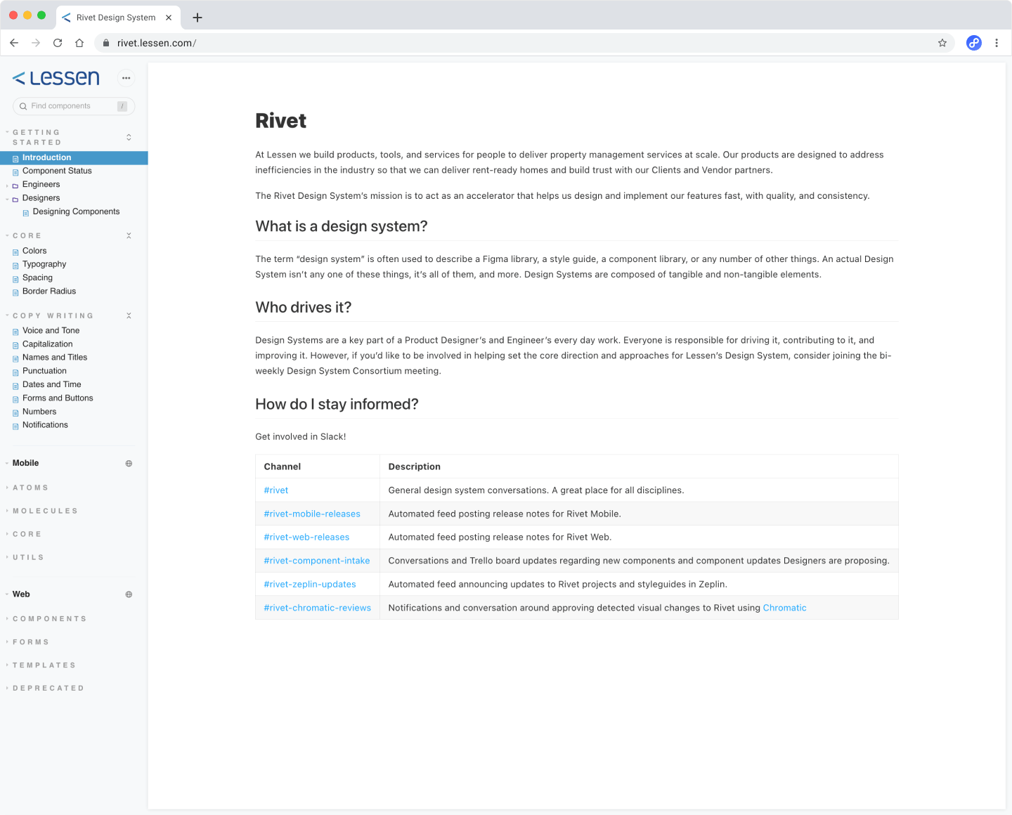 Rivet welcome page